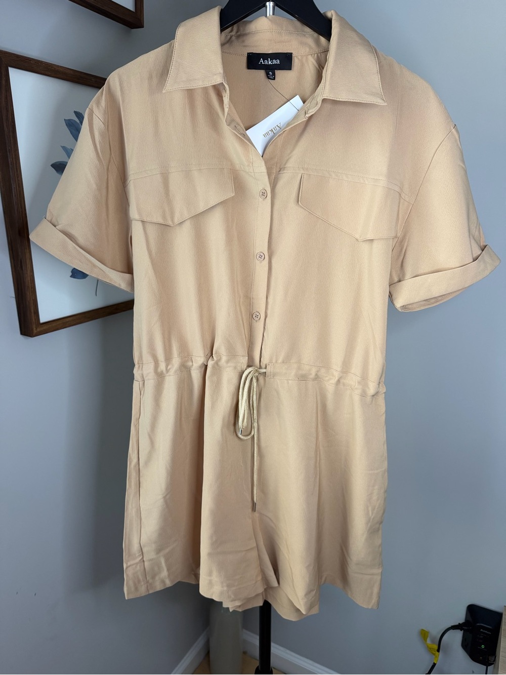 Aakaa Light Beige Short Sleeve Utility Romper with Drawstring